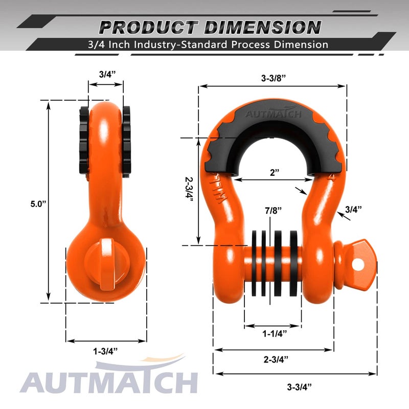 AUTMATCH D Ring Shackle 3/4"" Shackles (2 Pack) 41,887Ibs Break Strength, Clevis Shackle with 7/8"" Screw Pin and Shackle Isolator Washers Kit for Tow Strap Winch Off Road Vehicle Recovery, Orange - Image 3